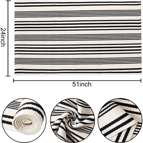 Black and White Striped Rug 24'' x51''Outdoor Front Porch Rug Hand-Woven Machine - Picture 2 of 7